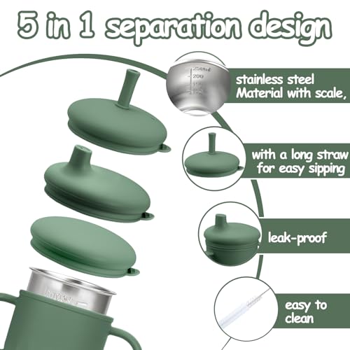 Mity rain Stainless Steel Sippy Cups for Toddlers1-3, Baby Straw Cups for 6+Month Old with Travel Lid, Silicone StrawReplacement Straw & Cleaning Brush-8oz Toddler Cups Spill Proof - color: olive drab
