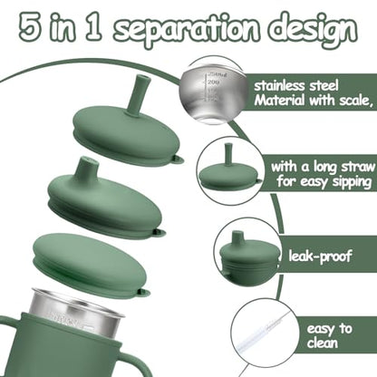 Mity rain Stainless Steel Sippy Cups for Toddlers1-3, Baby Straw Cups for 6+Month Old with Travel Lid, Silicone StrawReplacement Straw & Cleaning Brush-8oz Toddler Cups Spill Proof - color: olive drab