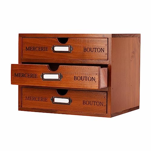 Wooden Storage Box Rustic Desktop Organizer with 3 Drawers Office Desk Accessories Shelf Small Craft Storage Containers Apothecary Cabinet and Chest Jewelry Holder for women(BROWN) - color: BROWN-SMALL03
