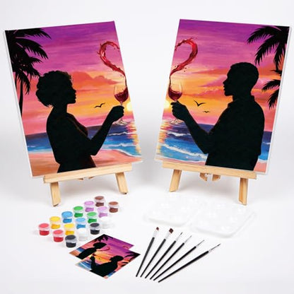 VOCHIC Sip and Paint Kit,Pre Drawn Canvas Couples Paint Party Kit Painting Art Set for Adults Date Night Sunset Beach 2 Pack (8 x 10 Inches, Wine Glass Couple) - size: 8x10, style: Wine Glass Couple