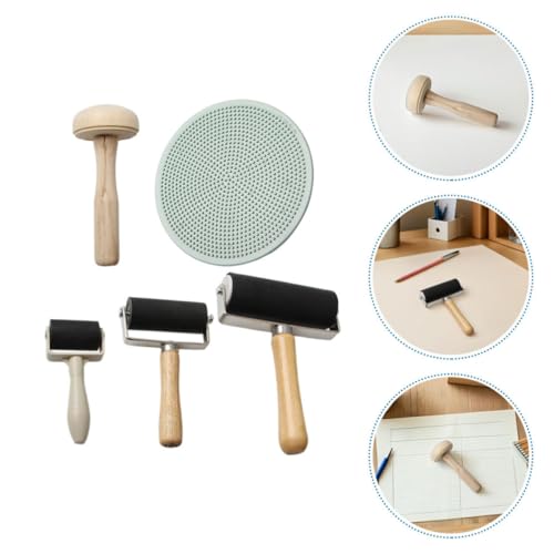 OFFSCH 5pcs Rubber and Wooden Roller Set for DIY Block Printing with Ink Rubbing Tool and Wooden Mushroom Roller, Multi-Size Crafting Stamping Accessories for Art Projects