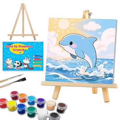 WEMEON Dolphin Paint by Numbers Kit for Kids with Frame and Easel, Easy Paint by Numbers Kits for Kids Ages 4-6, Small Painting by Number for Birthday Gift, Painting Party(10X10inch) - color: DMBK-0010-US(10X10inch)