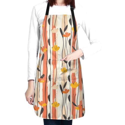 Cream Pastel Wildflower Art Waterproof Apron with Pockets | Garden Aprons for Men Women Adjustable Bib Apron for Cooking Kitchen Baking BBQ Painting Housework Oil Resistant - color: Modern Floral Design