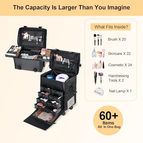 BEAUTY CASE 2 in 1 Rolling Makeup Case, Cosmetology Case on Wheels, Large Capacity Professional Makeup Bag with 8 Detachable Drawers for Makeup Artist & Hairstylist, Waterproof Oxford Fabric, Black