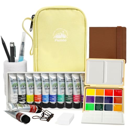 Funto Mini Watercolor Travel Set, 12-Color Refillable Travel Art Kit, All-in-One Mini Paint Supplies with Bag, Art Craft for All, Portable Water Color Paint for Beginners, lovers and Artists - color: Cookie Yellow