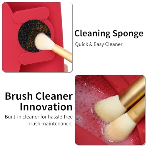 Travel Makeup Brush Holder with Cleaning Pad -Silicone Brush Organizer Case, Magnetic Closure Waterproof Cosmetic Bag for Easy Storage & On-the-Go Cleaning (9.05 Inch) - color: Red
