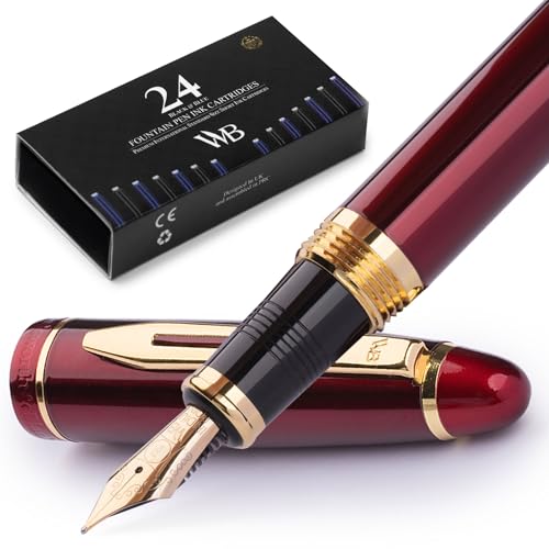 Wordsworth & Black Majesti Fountain Pen Set for Writing, Fine Nib | Red, Gift for Men Women, Gold Finish, 18K German Iridium, Calligraphy, Converter + 24 Ink Cartridges, Refillable - color: Red Gold, style: Fine Nib