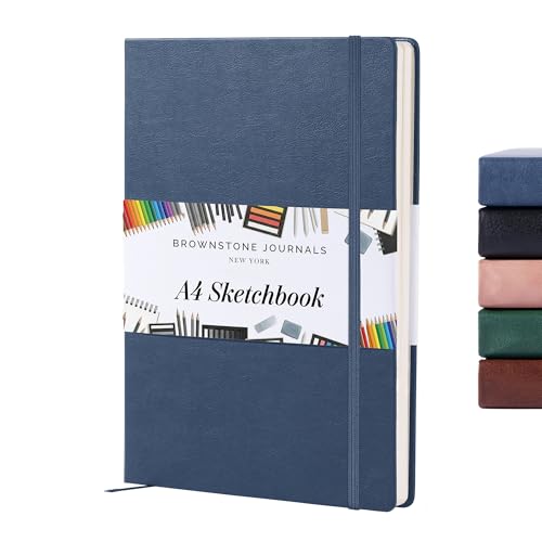BROWNSTONE JOURNALS A4 Sketch Book Hardcover - 80 Sheets 100 GSM Paper 8.5"x11.5", Lay Flat, Vegan Leather Cover, Elastic Band, Back Pocket, Art Drawing Book (Symphony Blue) - color: Symphony Blue, size: A4 (8.5" x 11.5")