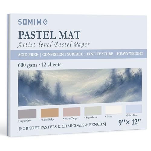 Somime 9x12 Sanded Pastel Paper Pad for Artists, 12 Sheets of 6 Assorted Light Colors Heavyweight Drawing Paper Pad for Pencils and Soft Oil Charcoal Pastels - size: 9x12 12 sheets