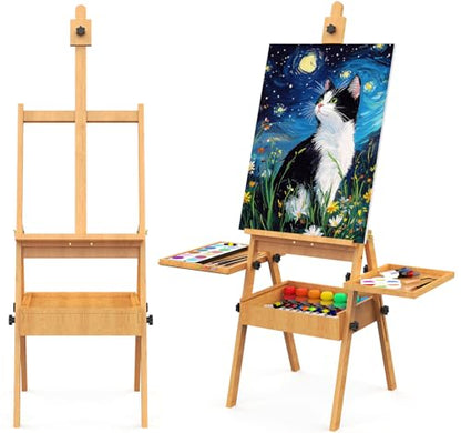 Large Beech Wood H-Frame Easel, Painting Easel for Adults with Storage Box and Palette, Multi-Function Studio Easel, Professional Foldable Artist Easel Stand for Painting, Holds Canvas Art up to 36" - color: Natural