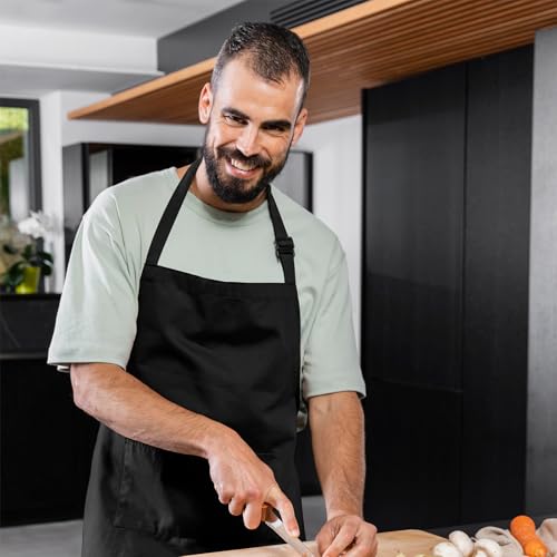 Adjustable Bib Apron 100% Polyester Kitchen Aprons Waterdrop Resistant Aprons with Adjustable Strap, Pockets & Long Ties - color: Black, style: Pack of 12