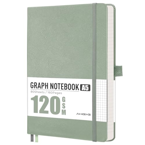 AHGXG Graph Grid Paper Notebook - 160 Pages, 120 GSM Thick Acid-Free Paper, A5 Leather Hardcover, for School, Students, Math, Engineering, 5.7'' × 8.3'' (Sage Green) - color: Sage Green, style: Grid