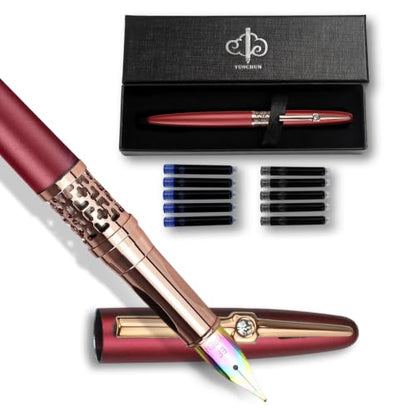 YUNCHUN Refillable Fountain Pen Medium Nib, Fancy Ink Pen with 10 Black & 10 Blue Ink Refills Cartridges, Cool Ink Pens for Writing, Business Metal, Best Gift Set for Men & Women, Red - color: Red, style: Medium Point