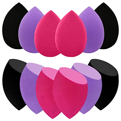 12 Pieces Professional Makeup Sponge Set,Latex Free Flawless Soft Setting Face Puffs,Multicolor Makeup Blending Sponge Cosmetic Applicator for Powder,Liquid,Facial Makeup Tools - color: Black Red Purple