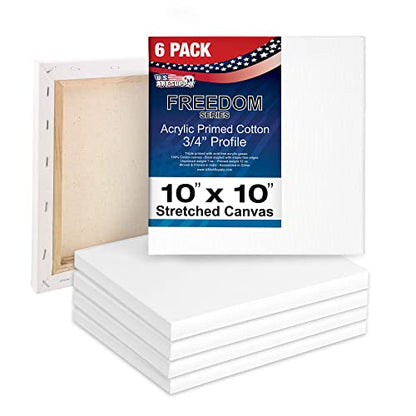 U.S. Art Supply 10 x 10 inch Stretched Canvas for Painting, 12oz Triple Primed, 6-Pack - Professional Artist Quality White Blank 3/4" Profile, 100% Cotton, Heavy-Weight Gesso - Acrylic Pouring, Oil - size: 10" x 10"