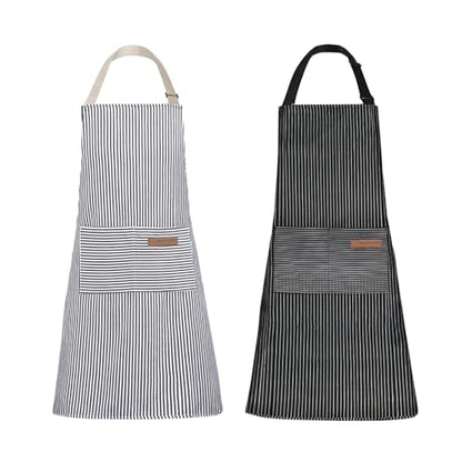 Tosewever 2 Pieces Kitchen Cooking Aprons, Cotton Polyester Blend Adjustable Bib Aprons with 2 Pockets for Women Men Chef Chef (Navy/Black Stripes, 2) - color: Navy/Black Stripes