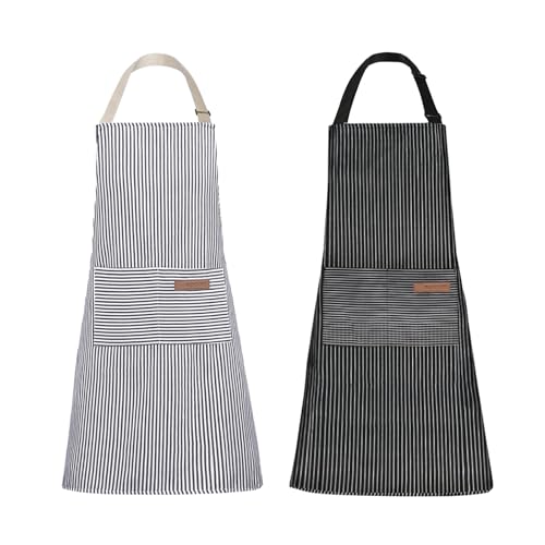 Tosewever 2 Pieces Kitchen Cooking Aprons, Cotton Polyester Blend Adjustable Bib Aprons with 2 Pockets for Women Men Chef Chef (Navy/Black Stripes, 2) - color: Navy/Black Stripes