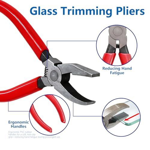10pcs Heavy Duty Glass Cutting Tool Kit, Curve Jaw Glass Running Pliers Breaker Grozer Pliers, Pencil Style Oil Feed Carbide Tip Glass Cutter for Stained Glass Mosaics Mirror Tiles Breaking