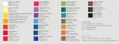 Professional Watercolor Paint Set - 24 Half Pan Highly Pigmented Transparent Water Color Paints with #4 Synthetic Water color Brush, Mixing Palette & Wooden Box Gift Watercolor Kit