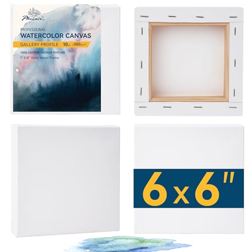 PHOENIX Gallery Depth Watercolor Canvas - 6x6 Inch/4 Pack, 1.5 in Deep 100% Cotton Water Color Square Canvases for Painting, 260g Medium Texture Canvas for Water Based Paints - size: 6"x6", style: Gallery Canvas