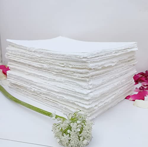 Handmade Off-White Deckle Edge Blank Paper - Mixed Media, Calligraphy, Watercolor, Postcards, Invitations, Crafts, and Announcements - Thick 150 GSM, Pack of 100 Sheets (5" x 3" Off-White) - size: 5" x 3" Off-White