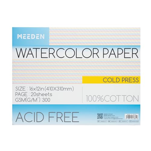 MEEDEN Watercolor Paper Block - 100% Cotton Watercolor Paper Pad of 20 Sheets, 140lb/300gsm, Acid-Free Art Paper for Watercolor, Gouache, Ink and More, 16" x 12" Cold Press - color: Cold Press, size: 16×12"