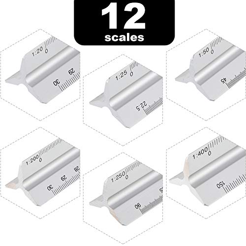 6 Pcs Triangular Ruler Set 12 Inch Engineering Scale Aluminum Architect Drafting Ruler Metal Protractor Arquitectura Accessories for Students Draftsman Engineers Metric - color: Silver