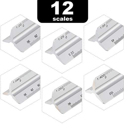 6 Pcs Triangular Ruler Set 12 Inch Engineering Scale Aluminum Architect Drafting Ruler Metal Protractor Arquitectura Accessories for Students Draftsman Engineers Metric - color: Silver
