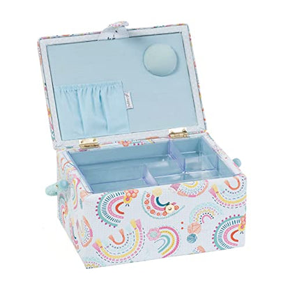 Hobby Gift Medium Sewing Box Organiser, Fabric Covered Storage Box with Handle, Internal Tray, Pin Cushion and Pocket for Sewing, Quilting and Knitting Supplies - color: Rainbow