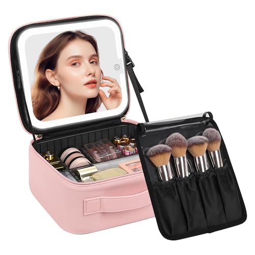 Chomeiu Makeup Bag with LED Mirror, Cute Cosmetic Bags for Women and Girls, Travel Train Case Artists Organizer Large Make Up Bags with 3 Color Light Up Mirror & Removable Brush Compartment, Pink - color: 01-Pink, size: A-Small