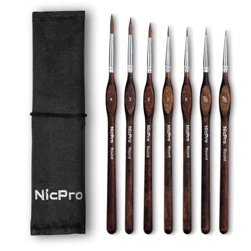 Nicpro 7pcs Kolinsky Sable Miniature Paint Brushes, Professional Fine Detail Paint Brushes with Cloth Roll, Round Point Artist Brush Set for Miniatures, Acrylic & Figures, Model, Watercolor Details - size: 7 PCS