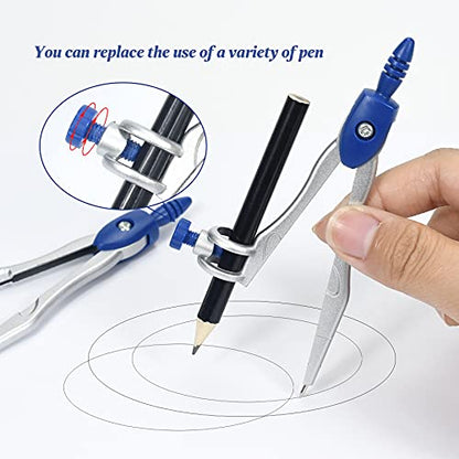 Unjoo Math Geometry Kit Sets 10 Piece Student Supplies with Shatterproof Storage Box,Includes Rulers,Protractor,Compass,Eraser,Pencil Sharpener,Lead Refills,Pencil,for Drafting and Drawings（Navy blue） - color: Navy Blue