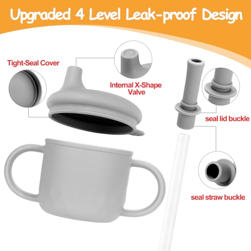 Mity rain 3-In-1 Stainless Steel Sippy Cup for 6+ Month Old, Baby Straw Cups for Toddlers 1-3 with Travel Lid, Silicone Straw, Replacement Straw & Cleaning Brush - 8oz Toddler Cups Spill Proof Set - color: Gray