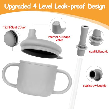 Mity rain 3-In-1 Stainless Steel Sippy Cup for 6+ Month Old, Baby Straw Cups for Toddlers 1-3 with Travel Lid, Silicone Straw, Replacement Straw & Cleaning Brush - 8oz Toddler Cups Spill Proof Set - color: Gray