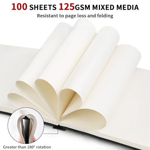 E-WEICHEN Mixed Media Sketch Pad, 8 x 8 inches 125 GSM (100 Sheets/200 Pages) Sketchbook for Drawing, Hardcover Mix Media Art Sketchbook for Wet and Dry Media,Painting,Drawing. 8X8 - color: 8x8in-Black