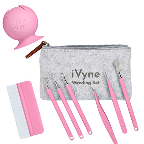 iVyne (8pcs) Premium Vinyl Weeding Tool Kit & Weeding Scrap Collector Soft Grip Tools with Berry, Weeder, Tweezers, Picker Or Hook, and Scraper Set for Silhouette Cameos & HTV- Pink - color: Silicone Tools & Berry Pink