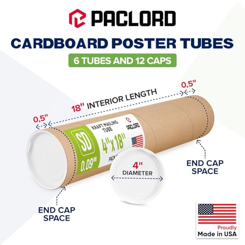 4" x 18" Reinforced Kraft Paper Mailing Tube, Pack of 6 Tubes with 12 Caps – Secure USPS Approved Poster Tube – Made in USA Cardboard Tube for Shipping and Storing Posters, Prints, Artwork - size: 4" x 18", style: Standard Duty