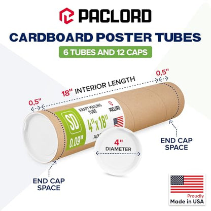 4" x 18" Reinforced Kraft Paper Mailing Tube, Pack of 6 Tubes with 12 Caps – Secure USPS Approved Poster Tube – Made in USA Cardboard Tube for Shipping and Storing Posters, Prints, Artwork - size: 4" x 18", style: Standard Duty