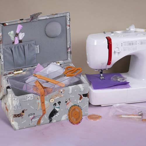Hobby Gift Medium Sewing Box Organiser, Fabric Covered Storage Box with Handle, Internal Tray, Pin Cushion and Pocket for Sewing, Quilting and Knitting Supplies - color: Grey Dogs