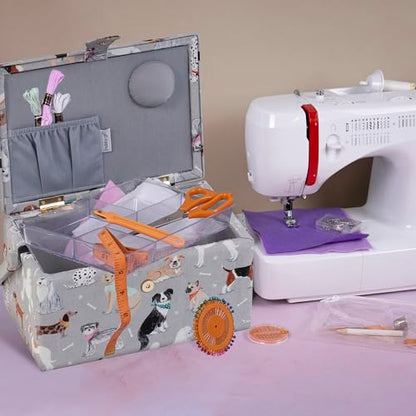 Hobby Gift Medium Sewing Box Organiser, Fabric Covered Storage Box with Handle, Internal Tray, Pin Cushion and Pocket for Sewing, Quilting and Knitting Supplies - color: Grey Dogs