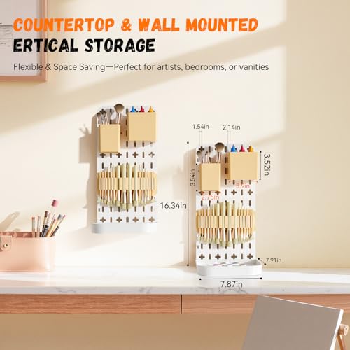 Paint Brush Holder with Drip Tray & Silicone Paint Brush Drying Rack,2 Removable Pegboard Bins for Artist Brush Holder,Paint Brush Stand White Pegboard for Desktop & Wall-Mount for Acrylic Paint Brush