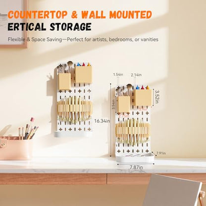 Paint Brush Holder with Drip Tray & Silicone Paint Brush Drying Rack,2 Removable Pegboard Bins for Artist Brush Holder,Paint Brush Stand White Pegboard for Desktop & Wall-Mount for Acrylic Paint Brush