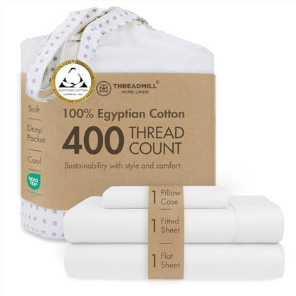 Threadmill Egyptian Cotton Twin Sheet Set | 100% Certified Egyptian Cotton Sheets for Twin Size Bed | Sateen Twin Bed Sheets Set 15" Deep Pocket | Soft Breathable 3-Piece Cooling Sheet Set | White - color: Bright White Solid, size: Twin