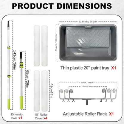 7 Pcs 18 Inch Paint Roller Kit, 14"-25" Adjustable Roller Frame, 2-4.7ft Thickened Extension Pole, 4 Pcs 18” Microfiber Paint Roller Covers, 24” Paint Tray for House Ceiling Wall Furniture Painting