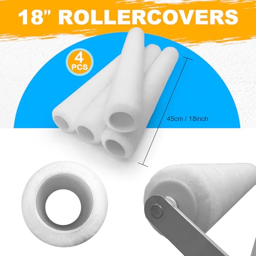 7 Pcs 18 Inch Paint Roller Kit, 14"-25" Adjustable Roller Frame, 2-4.7ft Thickened Extension Pole, 4 Pcs 18” Microfiber Paint Roller Covers, 24” Paint Tray for House Ceiling Wall Furniture Painting