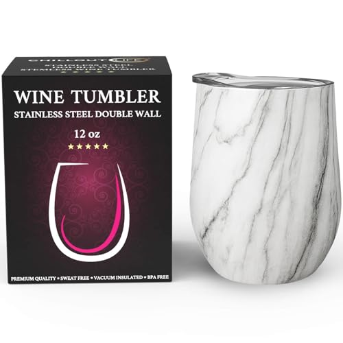 CHILLOUT LIFE 12 oz Stainless Steel Wine Tumbler with Lid - Double Wall Vacuum Insulated Wine Cup Glass Keeping Cold & Hot for Coffee, Champagne, Cocktails, Ice Cream - color: Carrara Marble, style: 1 Pack