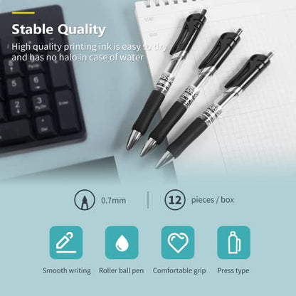 Gel Pens, Retractable Rolling Ball Gel Pens, Writing Smoothly, Large Capacity, Suitable for Working or Studying, 12-Pack, 0.7mm (Black)