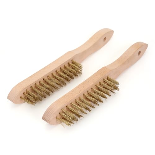 MAXMAN Brass Brush Set 2 Pcs, Wire Brushes for Cleaning, 11 Inch Wire Scratch Brush with Beechwood Handle, Metal Brush, Heavy Duty Brass Wire Brush for Rust Remover, Automotive, Paint, Welding Slag - style: Brass Brush