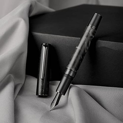 Hongdian N7 Gray Resin Piston Fountain Pen, Iridium Extra Fine Nib Classic Pen Rabbot on Cap Top, Smooth Writing Pen with Metal Box - color: Gray-N7, style: Extra Fine Point