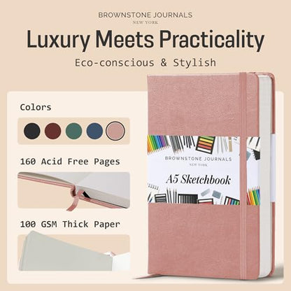 BROWNSTONE JOURNALS A5 Sketch Book Hardcover - 80 Sheets 100 GSM Paper 5"x8", Lay Flat, Vegan Leather Cover, Elastic Band, Back Pocket, Art Drawing Book (Rose Wood) - color: Rose Wood, size: A5 (5" x 8")